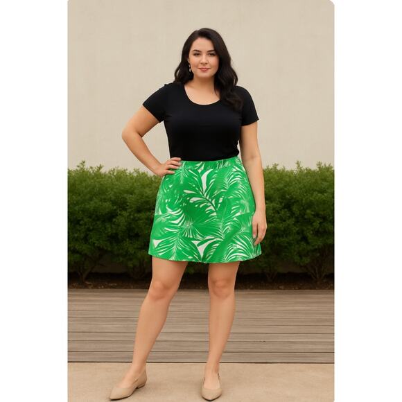 Talbots Palm Tree Leaf Green & White Tropical Print A-line Skirt Sz 14 - Picture 3 of 8